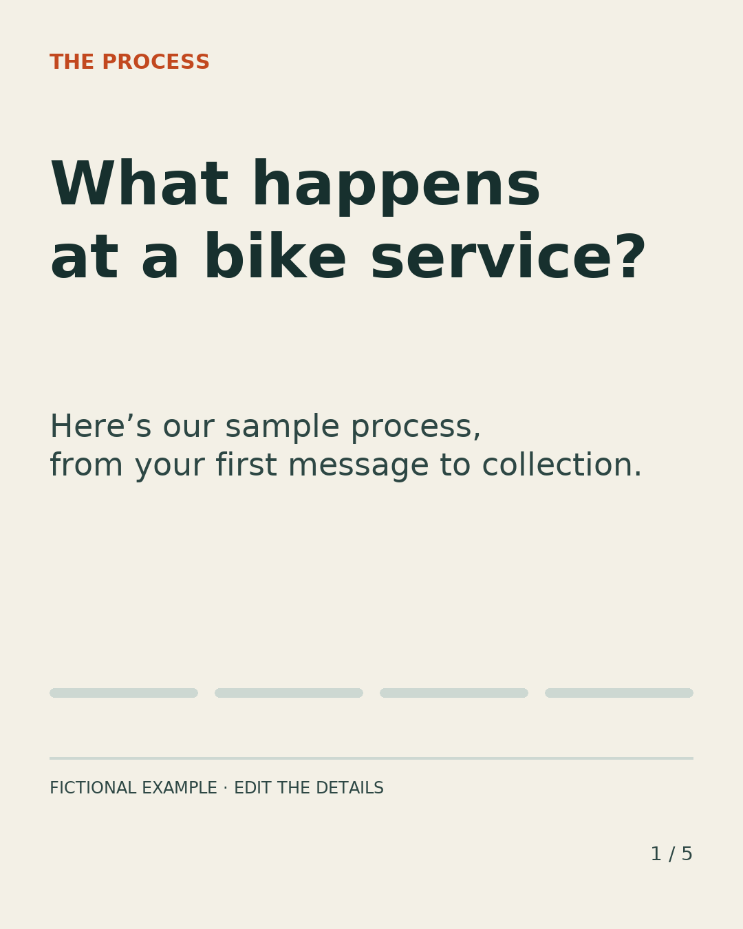 First slide of the bike service carousel: the question “What happens at a bike service?” above a four-part progress bar.