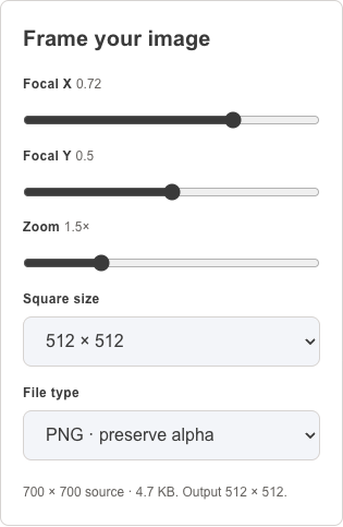 Current avatar framing controls and exact crop values for the original illustration.