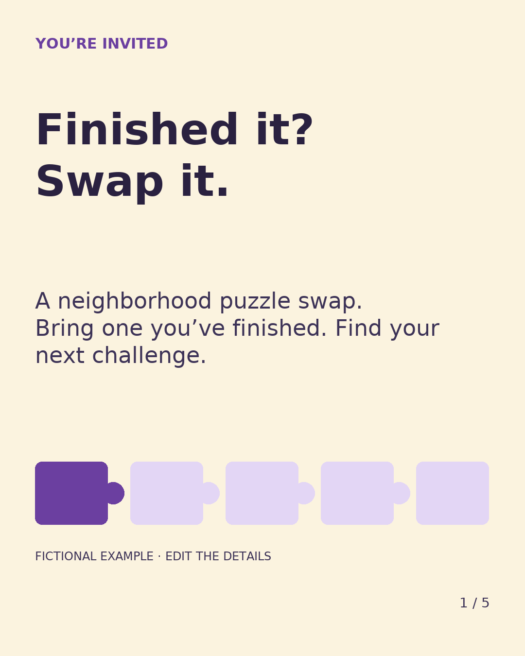 First slide of the puzzle swap carousel: “Finished it? Swap it.” above a row of five linked puzzle pieces.